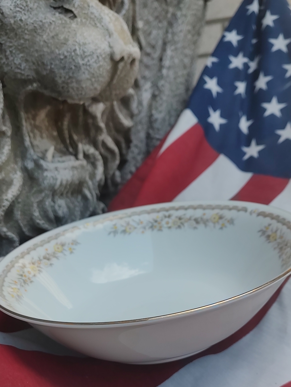 White Floral Gold Rim Serving Bowl